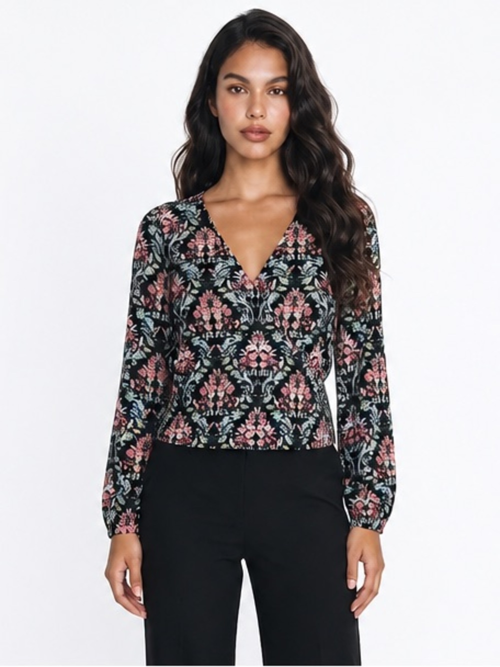 Ann Taylor Loft Floral Trellis Wrap Back Top Blouse‎ Womens Medium M Navy